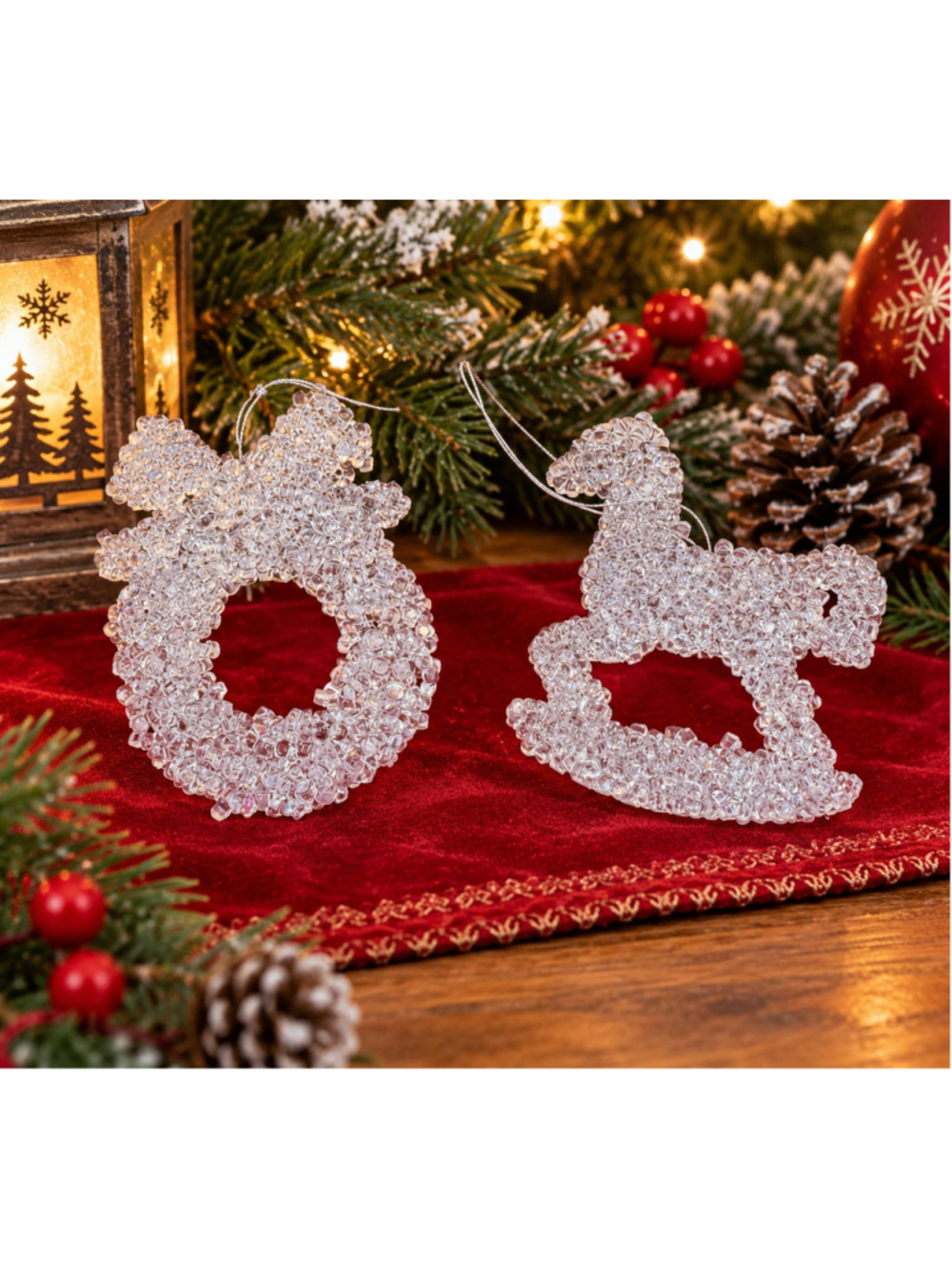 Vintage 1980s Clear Acrylic Christmas Ornaments Wreath Rocking Horse Set of 2